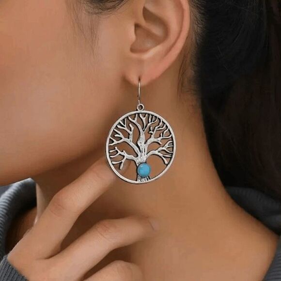 Boho Silver Tree Of Life Inlaid Turquoise Dangle Earrings - Picture 1 of 5